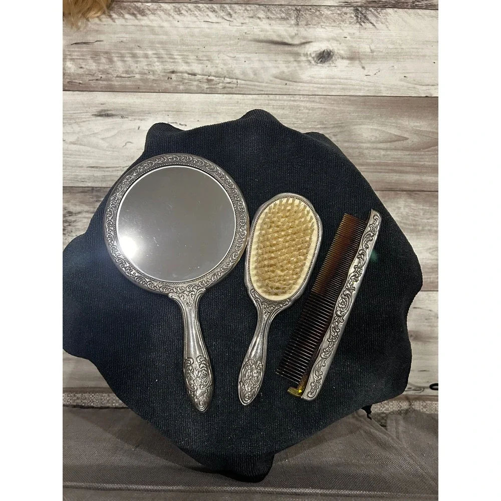 Silver Plated Vanity Set Vtg Hand Mirror Hair Brush Comb Victorian Art Nouveau